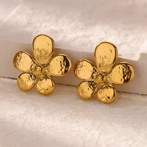 Hammered gold camellia flower earrings made of durable titanium steel for a vintage look