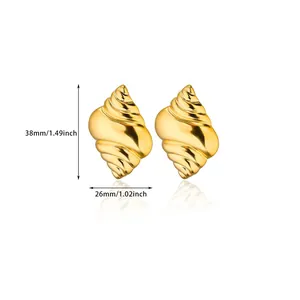 Detailed dimensions of gold conch-shaped stud earrings showing 38mm height and 26mm width