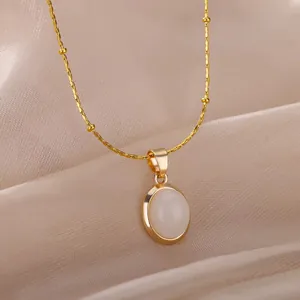 Vintage Stainless Steel Gold Plated Satellite Chain Necklace For Women Oval Cat Eye Moonstone Gemstone Pendant Choker Jewelry