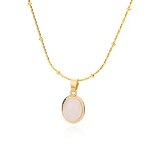 Elegant gold titanium steel necklace with oval pink cat eye pendant on satellite chain