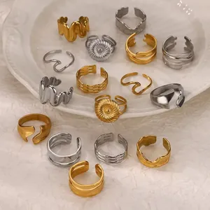 Minimalist Stainless Steel Open Ring 18K Gold Plated Irregular Geometric Wavy Line Adjustable Finger Ring For Unisex