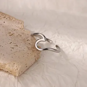 Detailed view of silver irregular wave ring with minimalist geometric steel lines