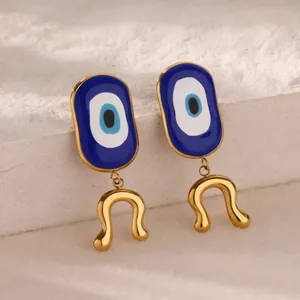Bohemian Stainless Steel Evil Eye Drop Earrings 18K Gold Plated Enamel Pendant Necklace Adjustable Open Ring Women Jewelry