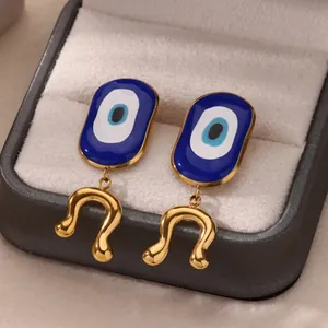 Evil eye earrings with blue enamel and U-shaped 18K gold plated stainless steel pendants