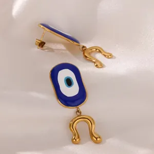 Bohemian Evil Eye drop earrings in 18K gold plated stainless steel with blue enamel