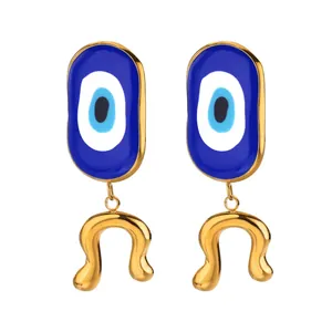 Evil eye long drop earrings in 18k gold plated steel with blue enamel charm pendants
