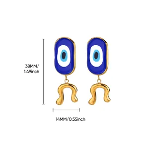 18K gold plated stainless steel Evil Eye drop earrings featuring blue enamel and size dimensions