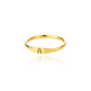 Minimalist gold stainless steel ring with letter A engraving and polished mirror finish