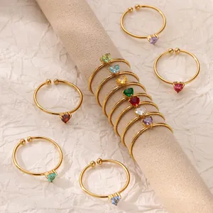 18K gold plated stainless steel open rings with colorful heart shaped birthstones