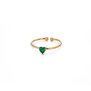 Detailed view of an 18K gold plated heart-shaped green zircon open ring for women
