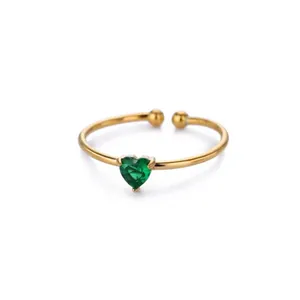 Luxurious 18K gold plated heart emerald open ring with adjustable stainless steel band