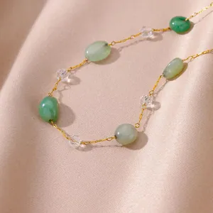 Vintage 18K gold plated stainless steel anklet with natural green stones and pearls