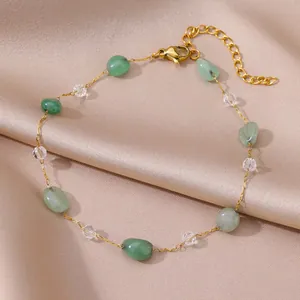 18K gold plated anklet featuring natural green stones and pearls on champagne silk