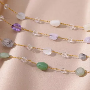Vintage 18K gold plated stainless steel anklet with natural colorful stones and pearls