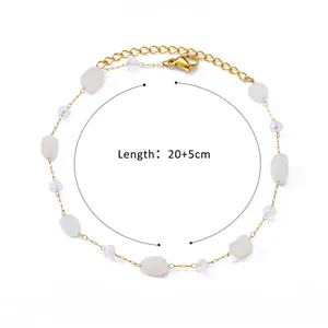 Detailed view of 18K gold-plated anklet with natural white stones and beads, 20+5cm length