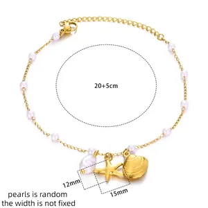Detail of 18K gold plated anklet with natural pearls, starfish and shell charms close-up
