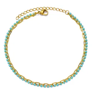 Vintage 18K gold plated stainless steel anklet with light blue natural stone beads
