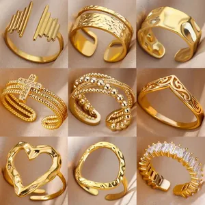 Anillos Abiertos De Acero Inoxidable Para Mujer Minimalista Geométrico Martillado Anillo Ajustable Chapado En Oro Plata Joyería