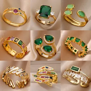 Vintage 18K Gold Plated Copper Open Ring For Women Emerald Green Zirconia Adjustable Luxury Finger Ring Party Jewelry Gift