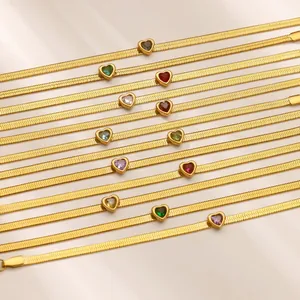 Minimalist 18K gold plated flat snake chain bracelet with colorful heart birthstone charms