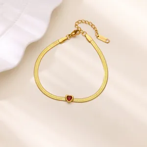 Elegant 18K gold plated snake chain bracelet with a red heart-shaped gemstone and lobster clasp