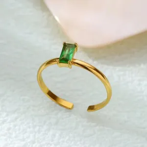 Elegant gold-plated open ring with rectangle emerald-cut green zircon in four-prong setting