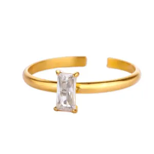 Minimalist gold adjustable ring with a rectangular cubic zirconia stone centerpiece