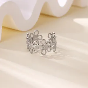 Detailed view of silver stainless steel ring with hollow flower design on stone base