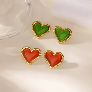 Vintage Hartvormige 304 Roestvrijstalen Oorknopjes Voor Vrouwen Retro Gehamerd Gouden Rand Kattenoogsteen Hart Oorbellen Sieraden