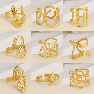 Set of 9 18k gold-plated irregular geometric stainless steel rings with hammer texture