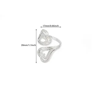 Detail view of irregular hammered silver double heart ring with size measurements shown