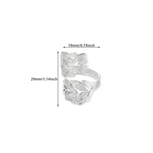Detailed size specifications for the layered leaf textured open ring in silver finish