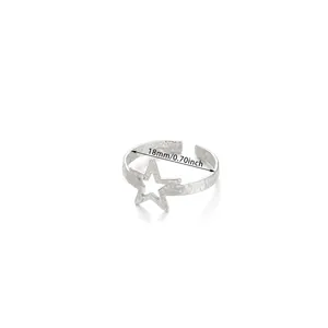 Detail view of silver hammered steel open ring with 18mm inner diameter and star design