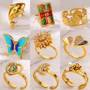 Vintage Stainless Steel Open Ring For Women Gold Plated Colorful Enamel Sunflower Butterfly Lucky Heart Adjustable Jewelry