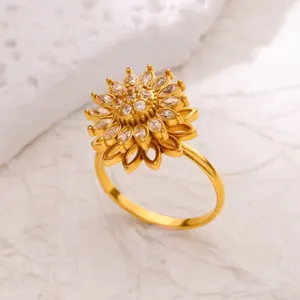 Luxurious stainless steel sunflower ring with sparkling zircons and gold plating finish