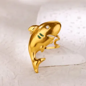 Luxurious gold shark ring with sparkling zircon eyes and adjustable open band design