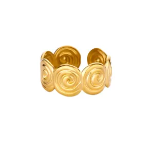 Detail shot of a golden spiral textured open ring with high polished relief design