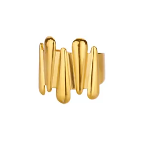 Detailed view of wide gold-plated ring with modern liquid dripping molten texture design