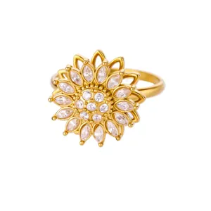 Luxurious gold stainless steel sunflower ring with pavé marquise zircon petals