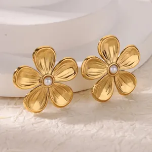Golden lilac flower stud earrings with pearl center in minimalist french vintage style