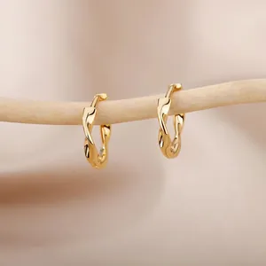 Macro shot of gold twisted geometric hoop earrings on a decorative branch detail