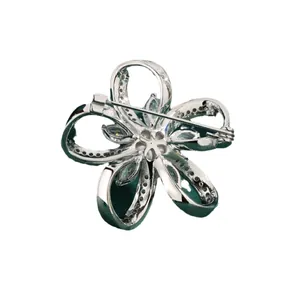 Five-petal hollow flower brooch with blue marquise gems and zircons in silver plating
