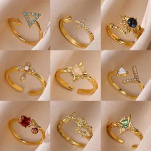 Geometric Zirconia Triangle Cross Rose Heart Sun Adjustable Open Copper Rings For Women Fashion Luxury Jewelry Finger Rings