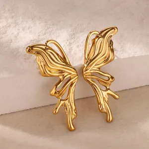 Y2K golden stainless steel 3D butterfly earrings with artistic liquid metal texture