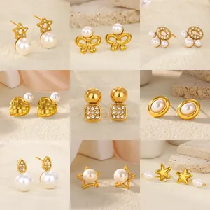 Boucles d'Oreilles Clous en Acier Inoxydable Künstliche Perle Zirconium Étoile Coeur pour Femmes Plaqué Or 18K Bijoux