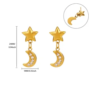 Boucles d'oreilles pendantes étoile et lune dorées avec pierres de zircone incrustées