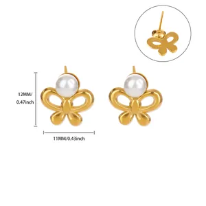 Dimensions détaillées des boucles d'oreilles papillon dorées avec perle et vue arrière