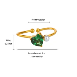 Detailed size map of gold heart ring with green stone and 17mm inner diameter info