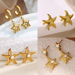 Starfish and star stud earrings in gold titanium steel with faux pearls for women