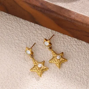 Vintage Stainless Steel Gold Star Sea Star Earrings With Faux Artificial Pearl Zirconia Lightweight Luxury Starburst Drop Stud Earrings For Women Jewelry